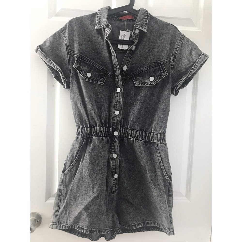 NWT Dark Grey Acid Wash Denim Romper